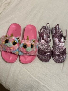 Girls Plush Ty Animal Slides & Old Navy Purple Glitter Jelly Sandals